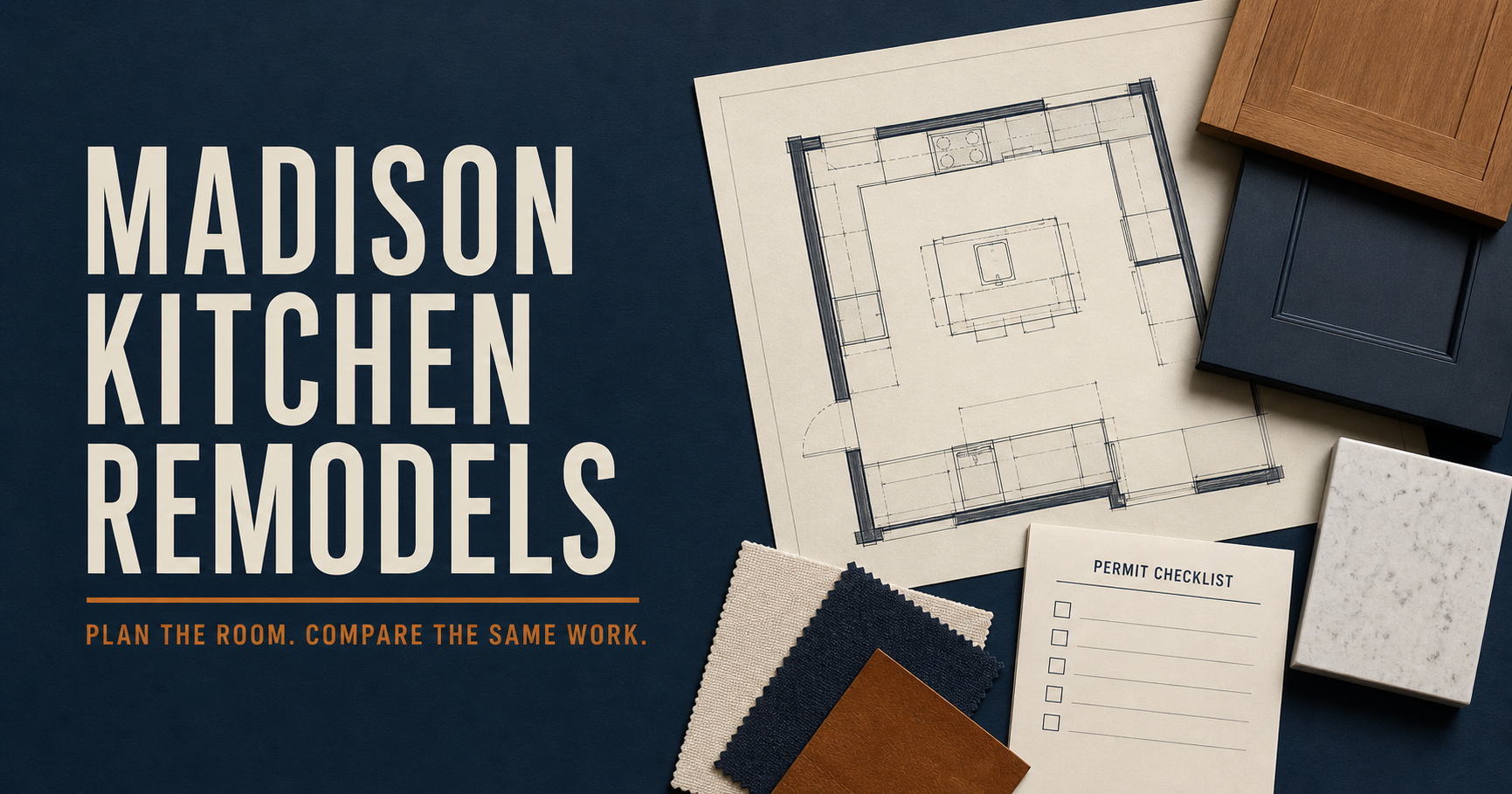 Kitchen plans, material samples and a Madison kitchen-remodel planning checklist on a worktable